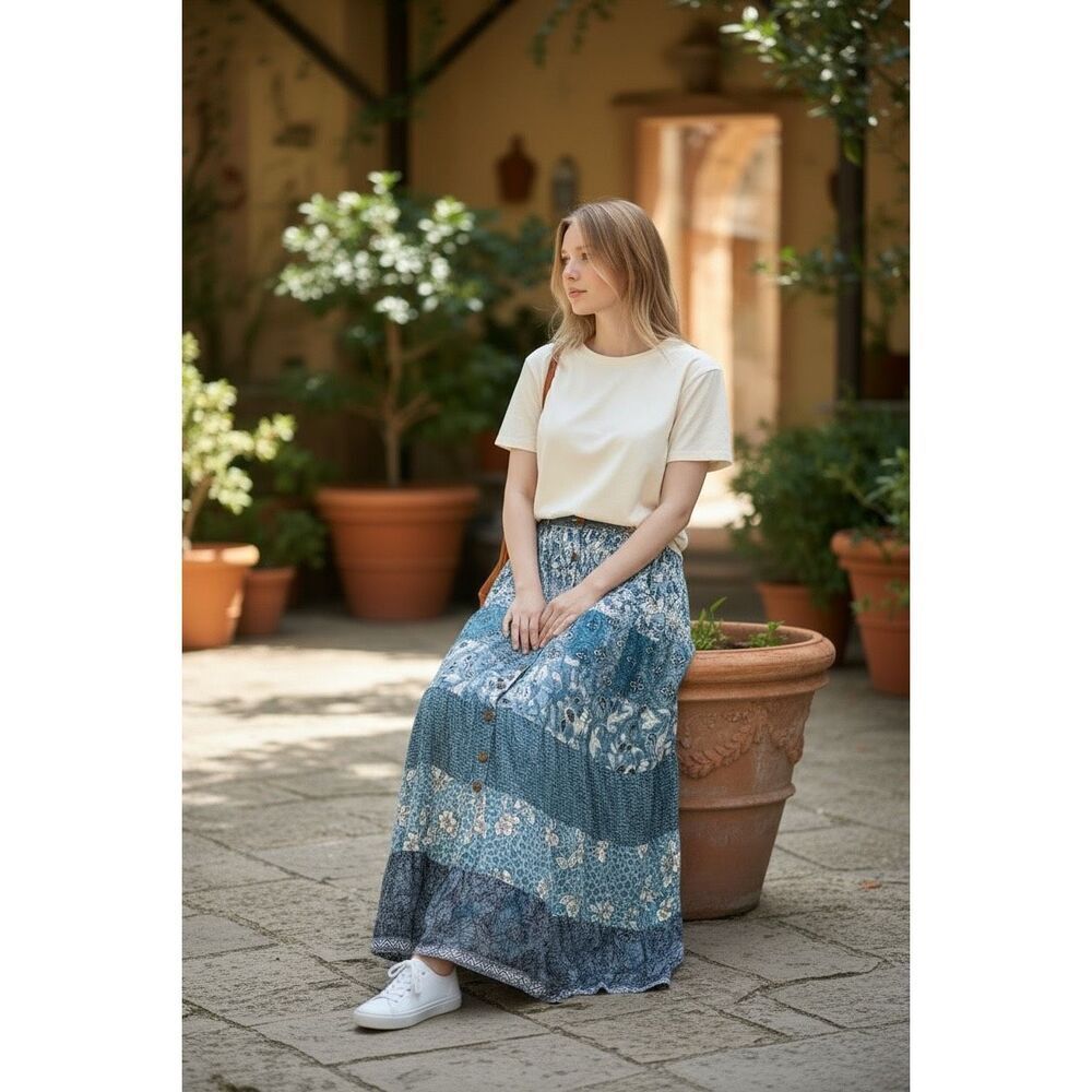 Vintage Y2K Women’s St. Johns Bay Boho Maxi Skirt Floral Button Front